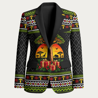 African Safari Black Santa Christmas Blazer Ugly Pattern Sunset Baobab Tree Africa Map