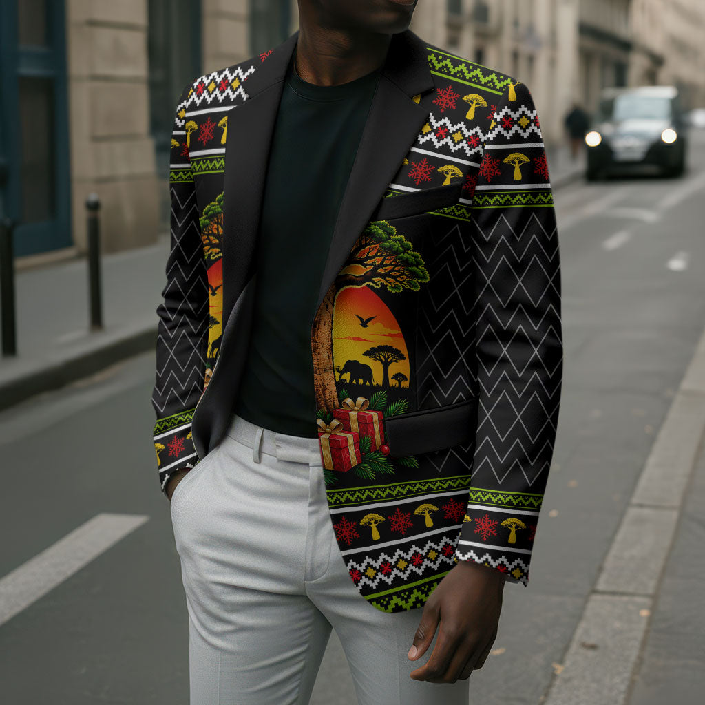African Safari Black Santa Christmas Blazer Ugly Pattern Sunset Baobab Tree Africa Map
