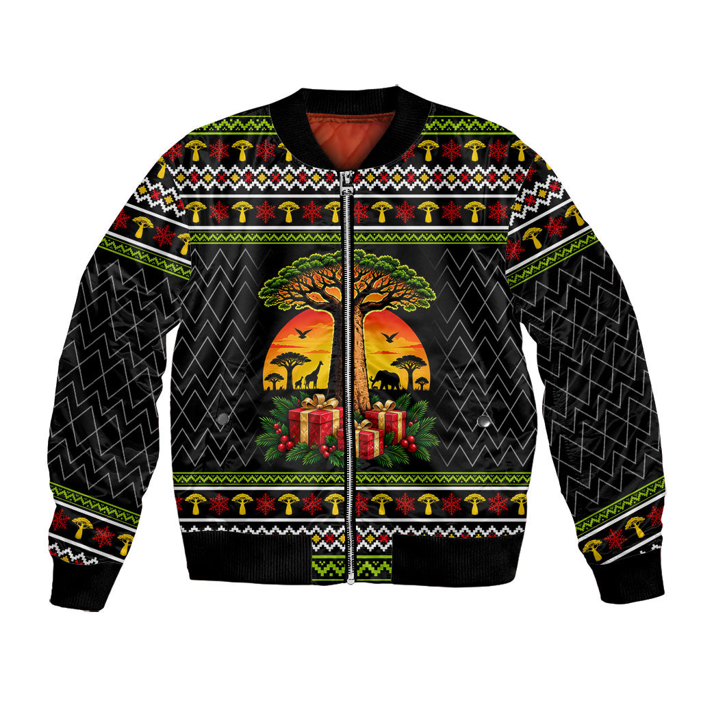 African Safari Black Santa Christmas Bomber Jacket Ugly Pattern Sunset Baobab Tree Africa Map