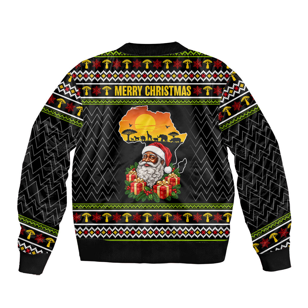 African Safari Black Santa Christmas Bomber Jacket Ugly Pattern Sunset Baobab Tree Africa Map