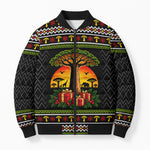 African Safari Black Santa Christmas Bomber Puffer Jacket Ugly Pattern Sunset Baobab Tree Africa Map