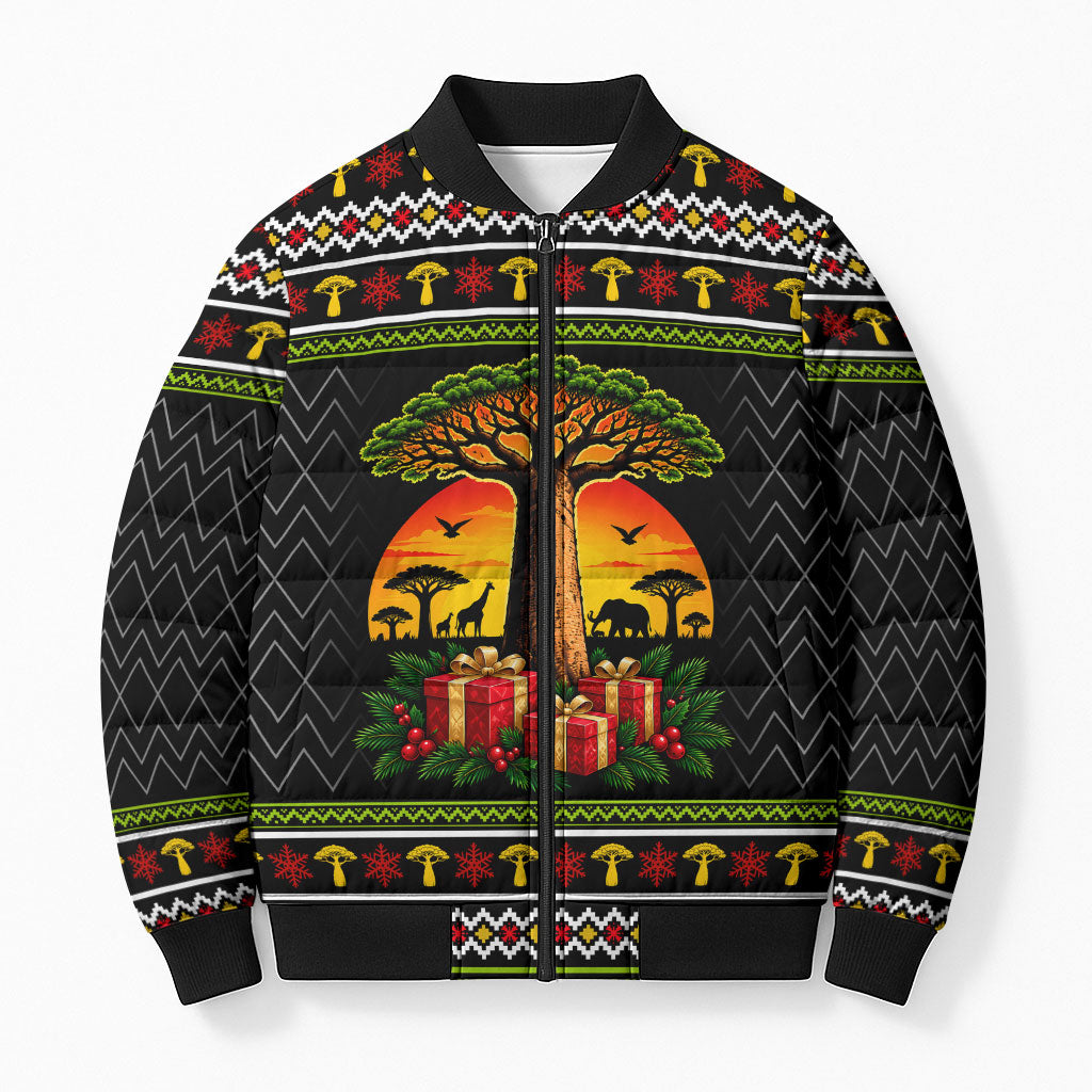 African Safari Black Santa Christmas Bomber Puffer Jacket Ugly Pattern Sunset Baobab Tree Africa Map
