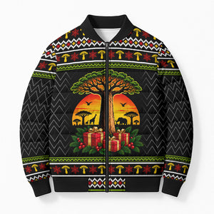 African Safari Black Santa Christmas Bomber Puffer Jacket Ugly Pattern Sunset Baobab Tree Africa Map