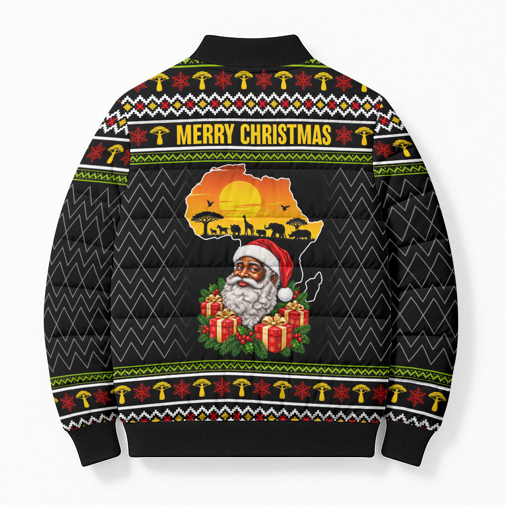 African Safari Black Santa Christmas Bomber Puffer Jacket Ugly Pattern Sunset Baobab Tree Africa Map