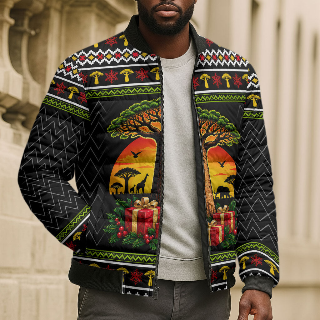 African Safari Black Santa Christmas Bomber Puffer Jacket Ugly Pattern Sunset Baobab Tree Africa Map