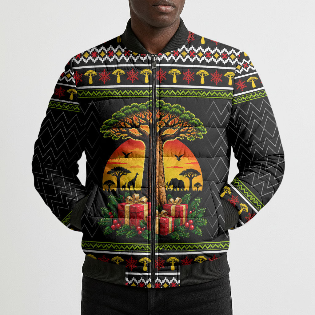 African Safari Black Santa Christmas Bomber Puffer Jacket Ugly Pattern Sunset Baobab Tree Africa Map