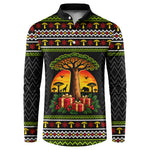 African Safari Black Santa Christmas Button Sweatshirt Ugly Pattern Sunset Baobab Tree Africa Map