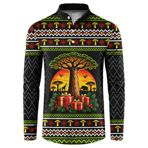 African Safari Black Santa Christmas Button Sweatshirt Ugly Pattern Sunset Baobab Tree Africa Map