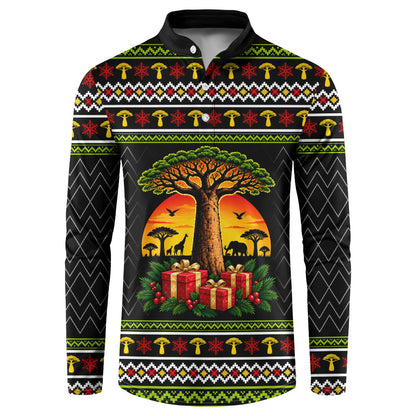 African Safari Black Santa Christmas Button Sweatshirt Ugly Pattern Sunset Baobab Tree Africa Map