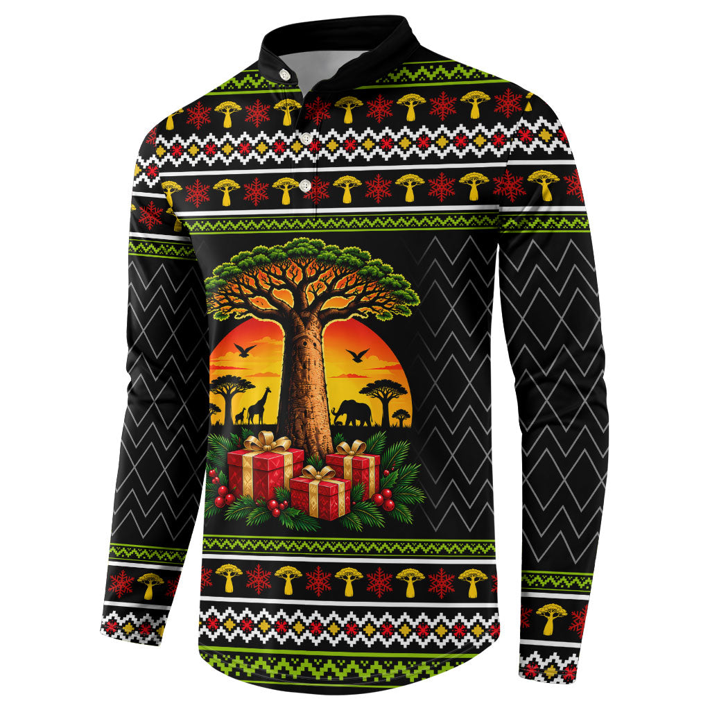 African Safari Black Santa Christmas Button Sweatshirt Ugly Pattern Sunset Baobab Tree Africa Map