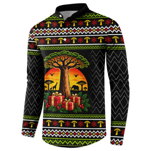 African Safari Black Santa Christmas Button Sweatshirt Ugly Pattern Sunset Baobab Tree Africa Map