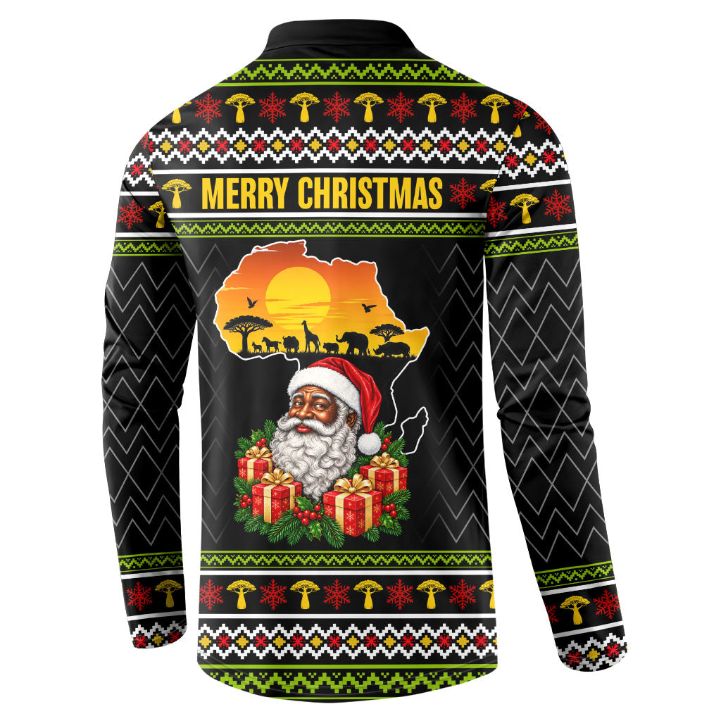 African Safari Black Santa Christmas Button Sweatshirt Ugly Pattern Sunset Baobab Tree Africa Map