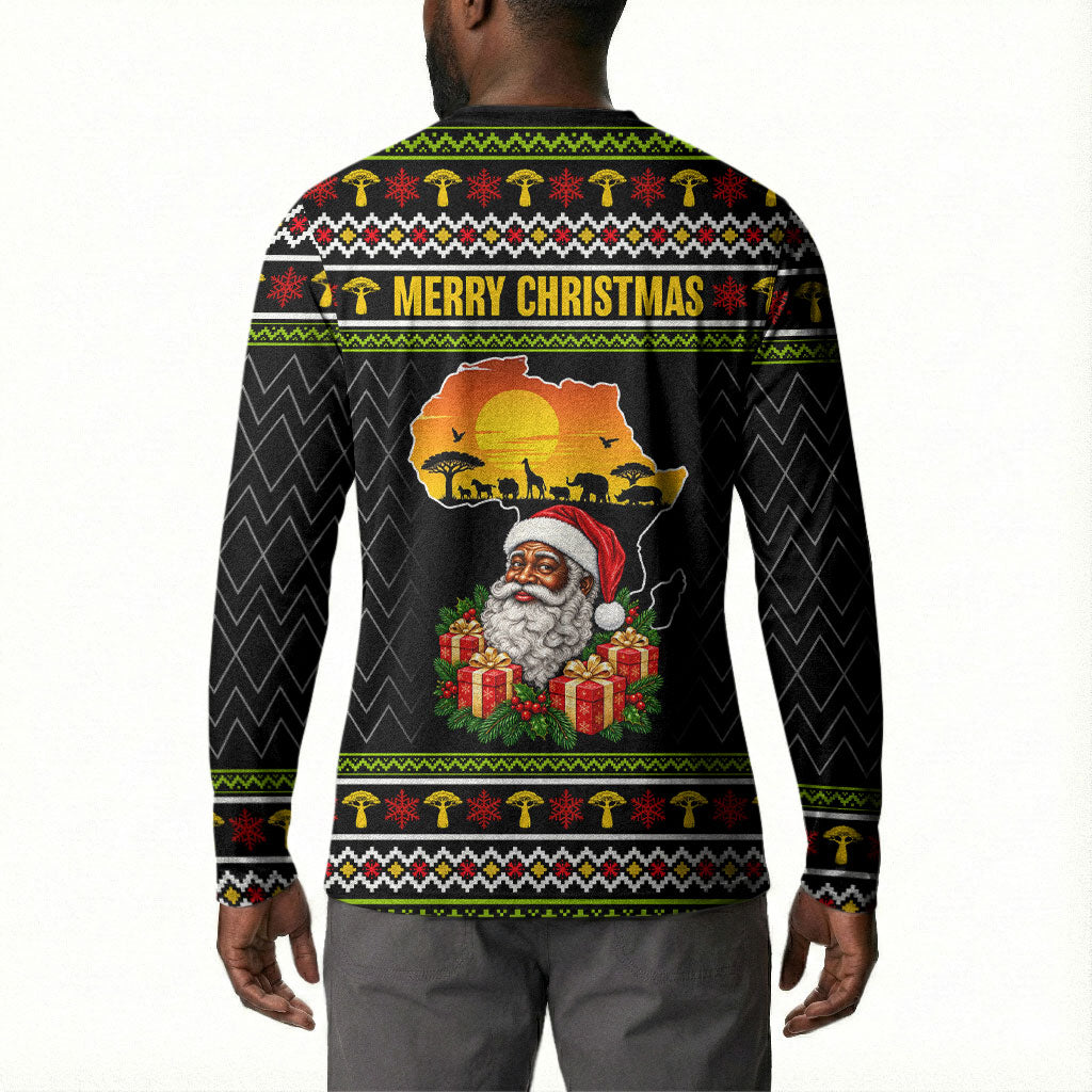 African Safari Black Santa Christmas Button Sweatshirt Ugly Pattern Sunset Baobab Tree Africa Map
