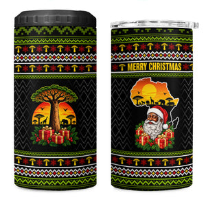 African Safari Black Santa Christmas 4 in 1 Can Cooler Tumbler Ugly Pattern Sunset Baobab Tree Africa Map