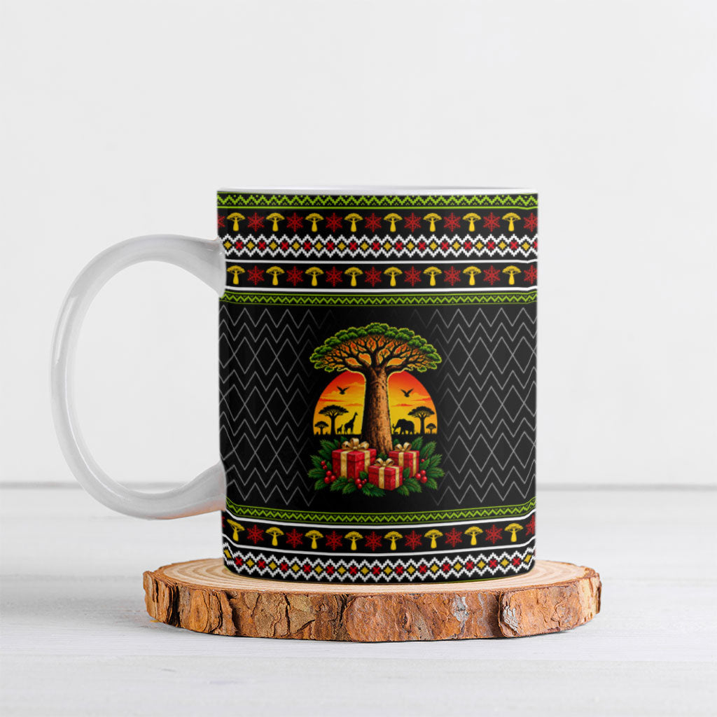 African Safari Black Santa Christmas Ceramic Mug Ugly Pattern Sunset Baobab Tree Africa Map