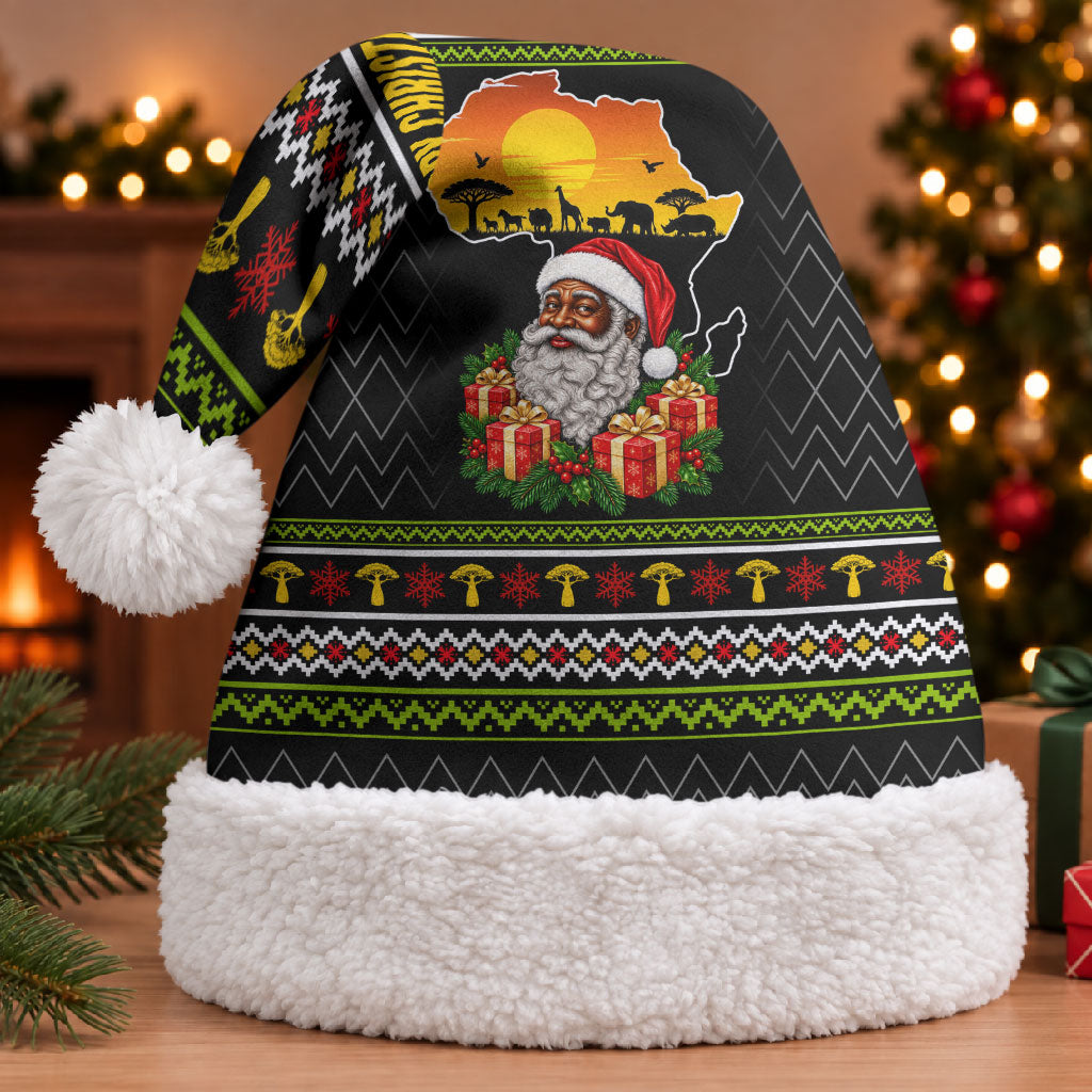 African Safari Black Santa Christmas Santa Hat Ugly Pattern Sunset Baobab Tree Africa Map