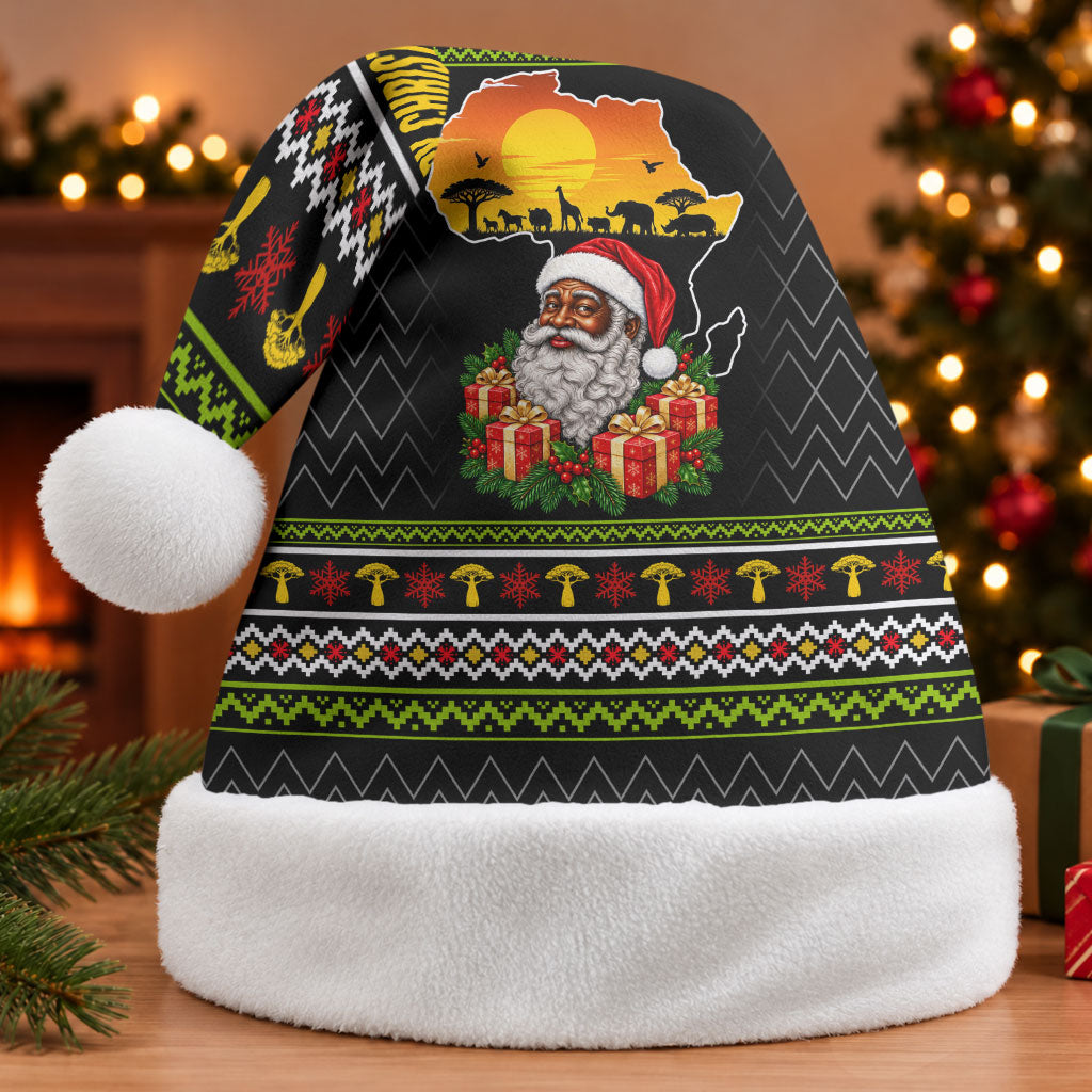 African Safari Black Santa Christmas Santa Hat Ugly Pattern Sunset Baobab Tree Africa Map