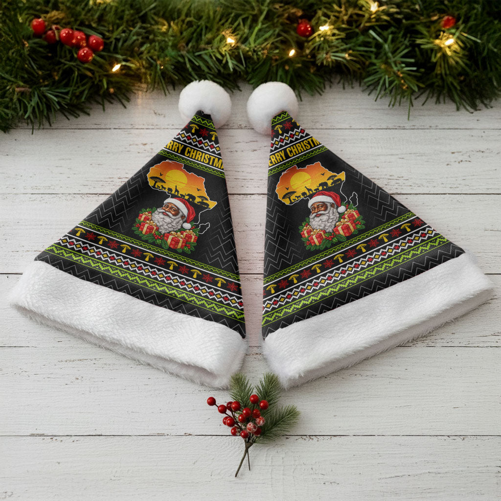 African Safari Black Santa Christmas Santa Hat Ugly Pattern Sunset Baobab Tree Africa Map