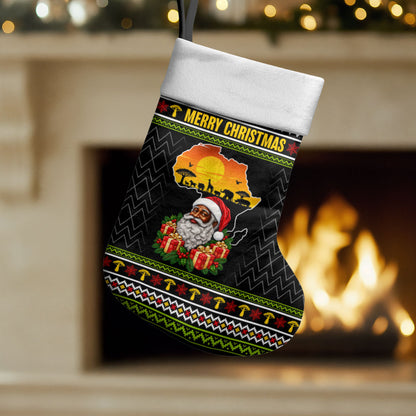 African Safari Black Santa Christmas Stocking Ugly Pattern Sunset Baobab Tree Africa Map