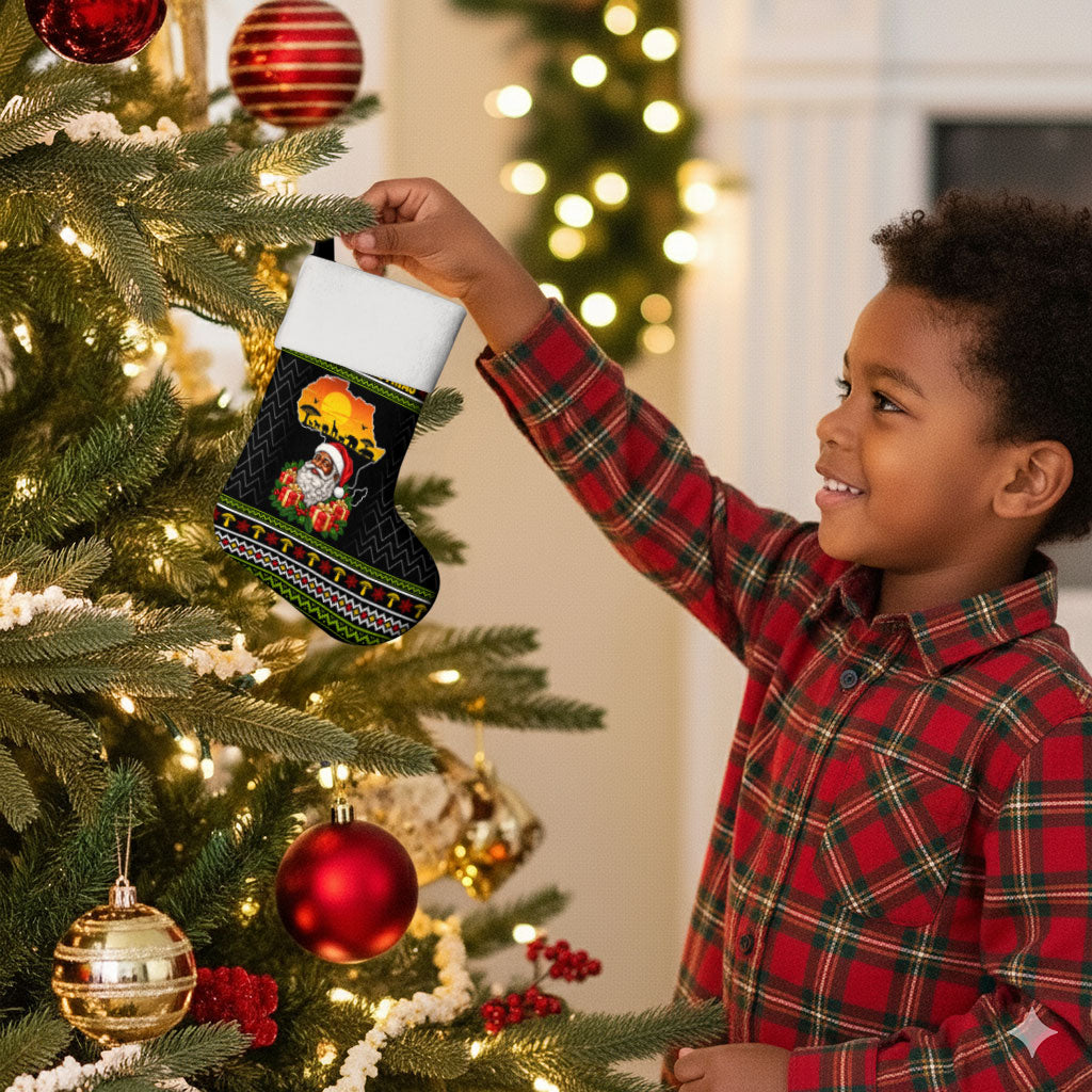 African Safari Black Santa Christmas Stocking Ugly Pattern Sunset Baobab Tree Africa Map