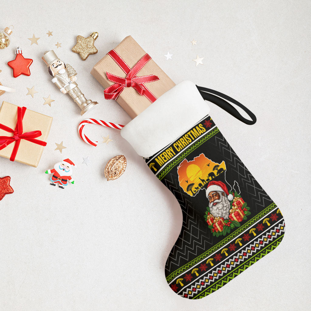 African Safari Black Santa Christmas Stocking Ugly Pattern Sunset Baobab Tree Africa Map
