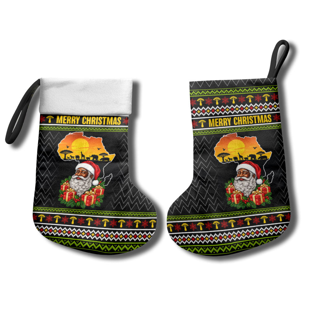 African Safari Black Santa Christmas Stocking Ugly Pattern Sunset Baobab Tree Africa Map