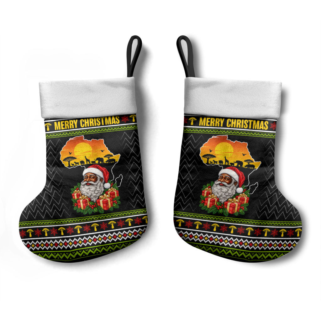 African Safari Black Santa Christmas Stocking Ugly Pattern Sunset Baobab Tree Africa Map