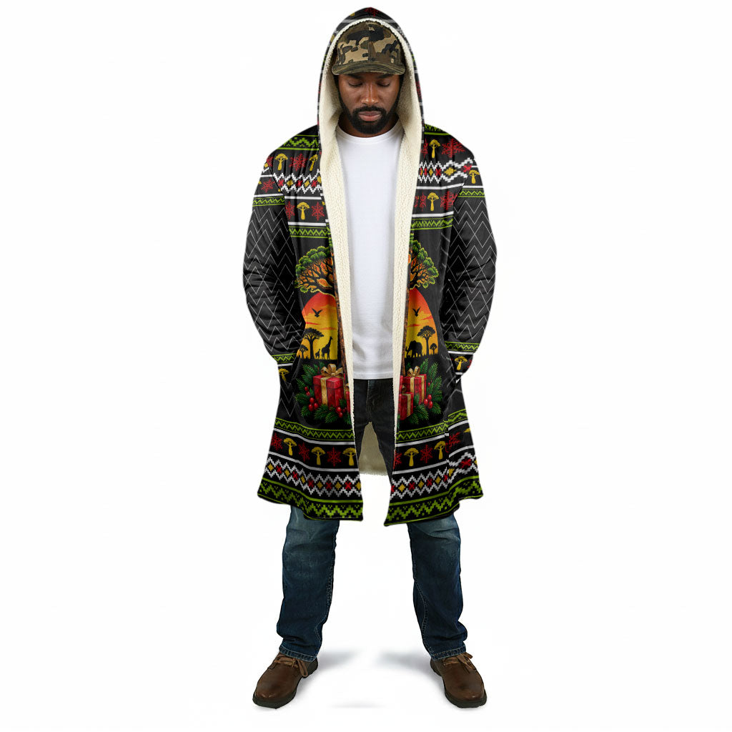 African Safari Black Santa Christmas Cloak Ugly Pattern Sunset Baobab Tree Africa Map