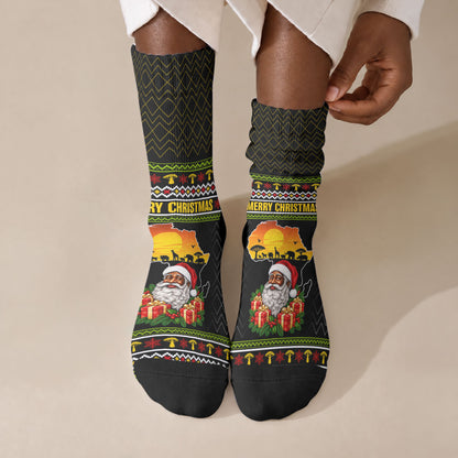 African Safari Black Santa Christmas Crew Socks Ugly Pattern Sunset Baobab Tree Africa Map