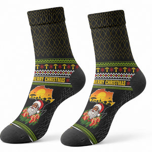 African Safari Black Santa Christmas Crew Socks Ugly Pattern Sunset Baobab Tree Africa Map