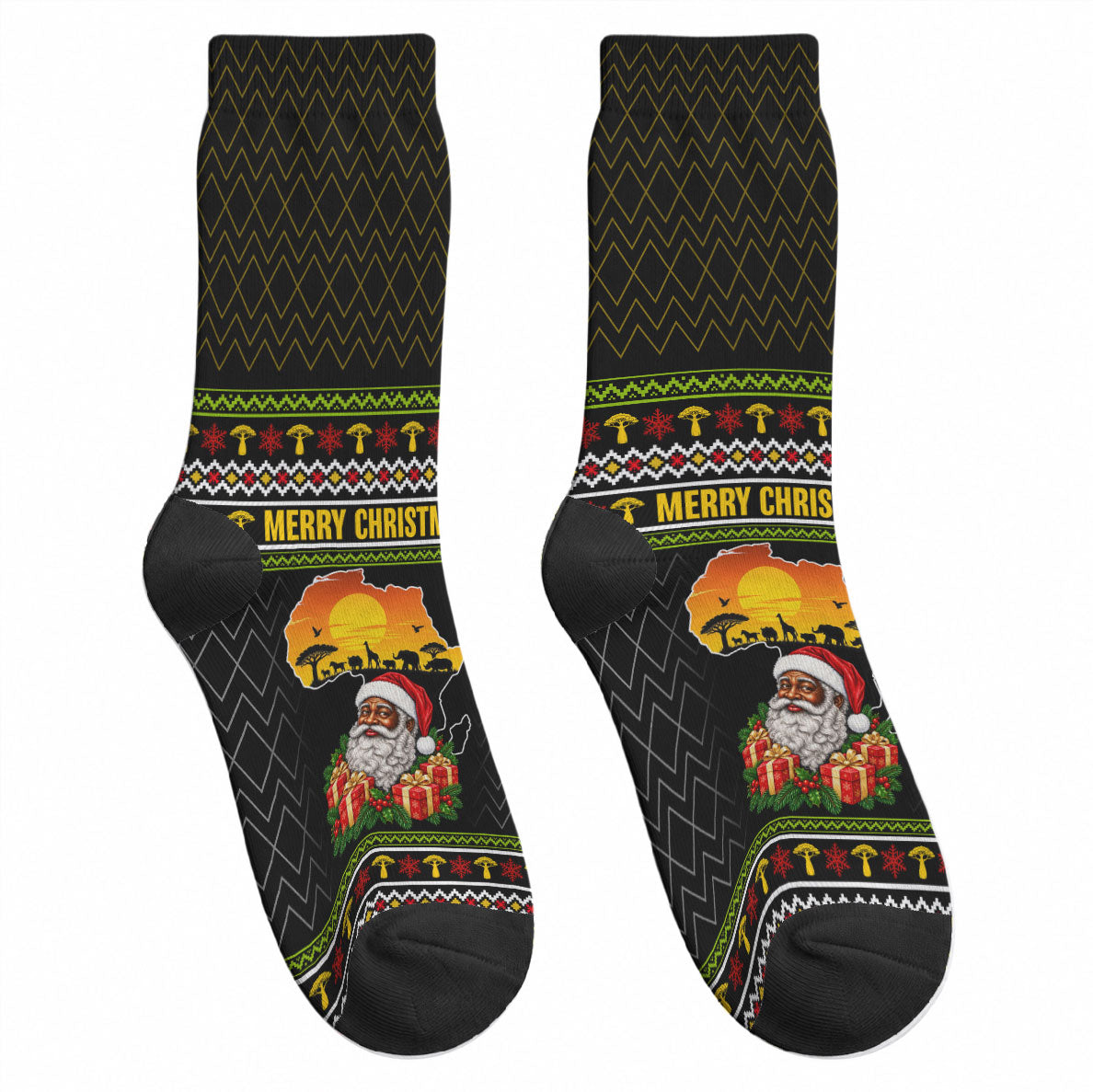 African Safari Black Santa Christmas Crew Socks Ugly Pattern Sunset Baobab Tree Africa Map