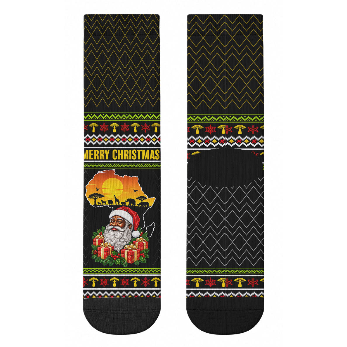 African Safari Black Santa Christmas Crew Socks Ugly Pattern Sunset Baobab Tree Africa Map