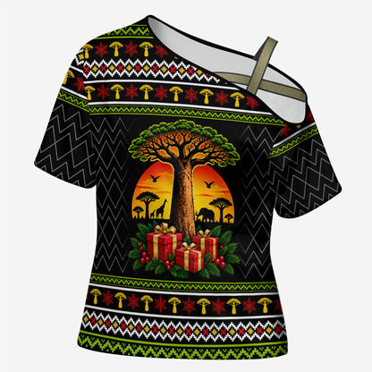 African Safari Black Santa Christmas Cross Shoulder Shirt Ugly Pattern Sunset Baobab Tree Africa Map
