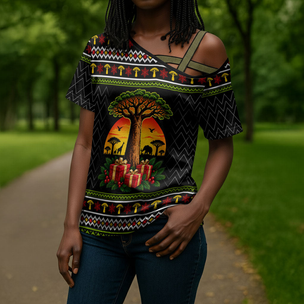 African Safari Black Santa Christmas Cross Shoulder Shirt Ugly Pattern Sunset Baobab Tree Africa Map