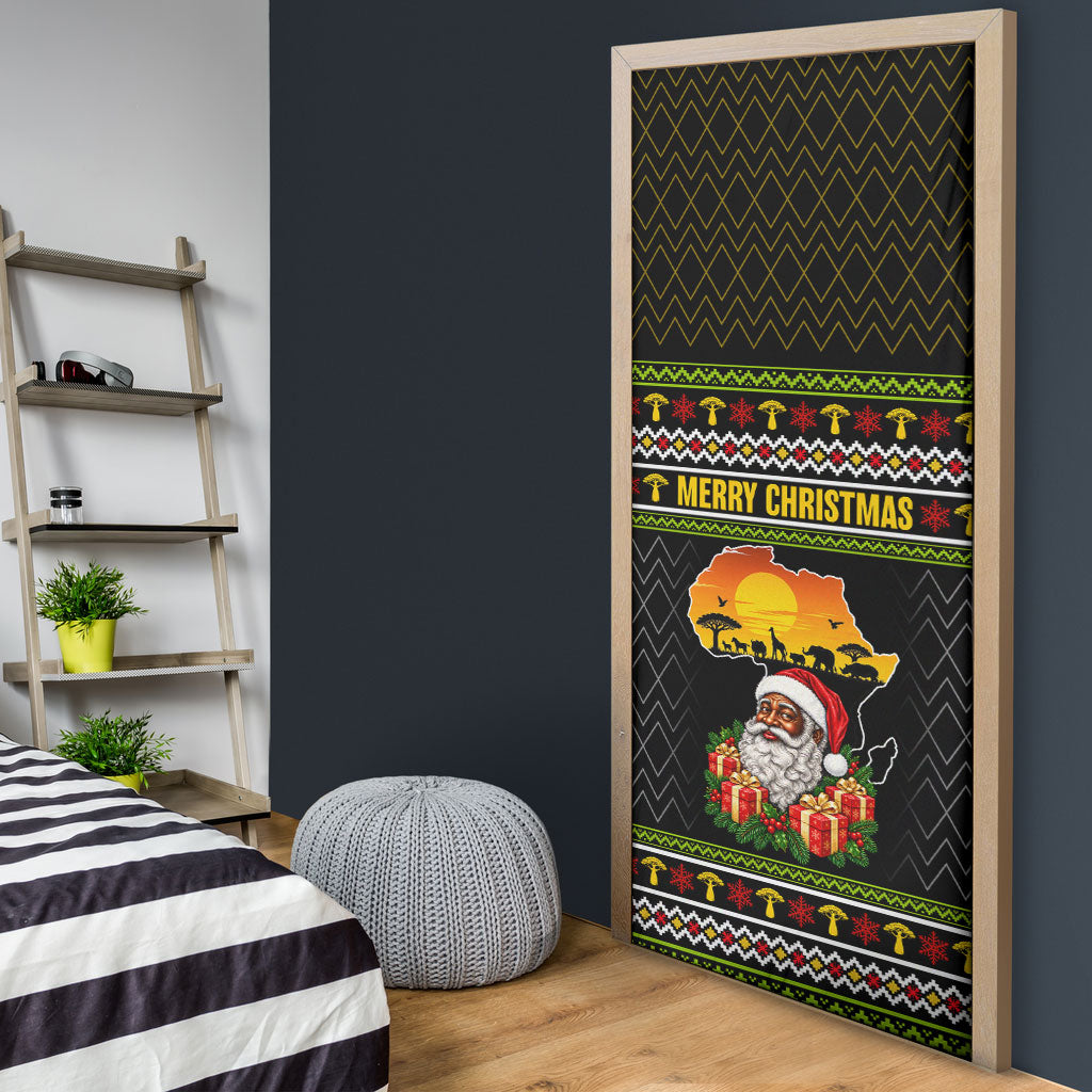 African Safari Black Santa Christmas Door Cover Ugly Pattern Sunset Baobab Tree Africa Map