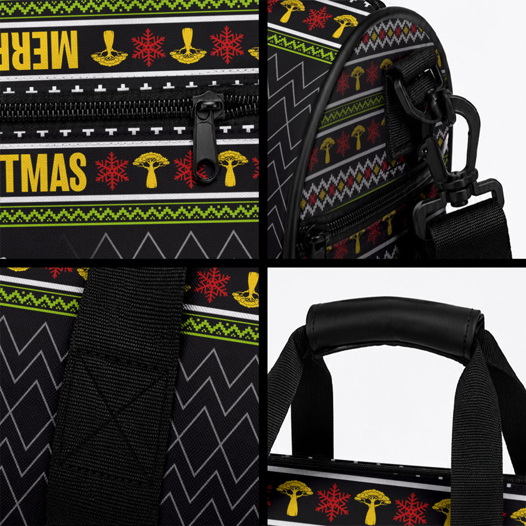 African Safari Black Santa Christmas Duffle Bag Ugly Pattern Sunset Baobab Tree Africa Map