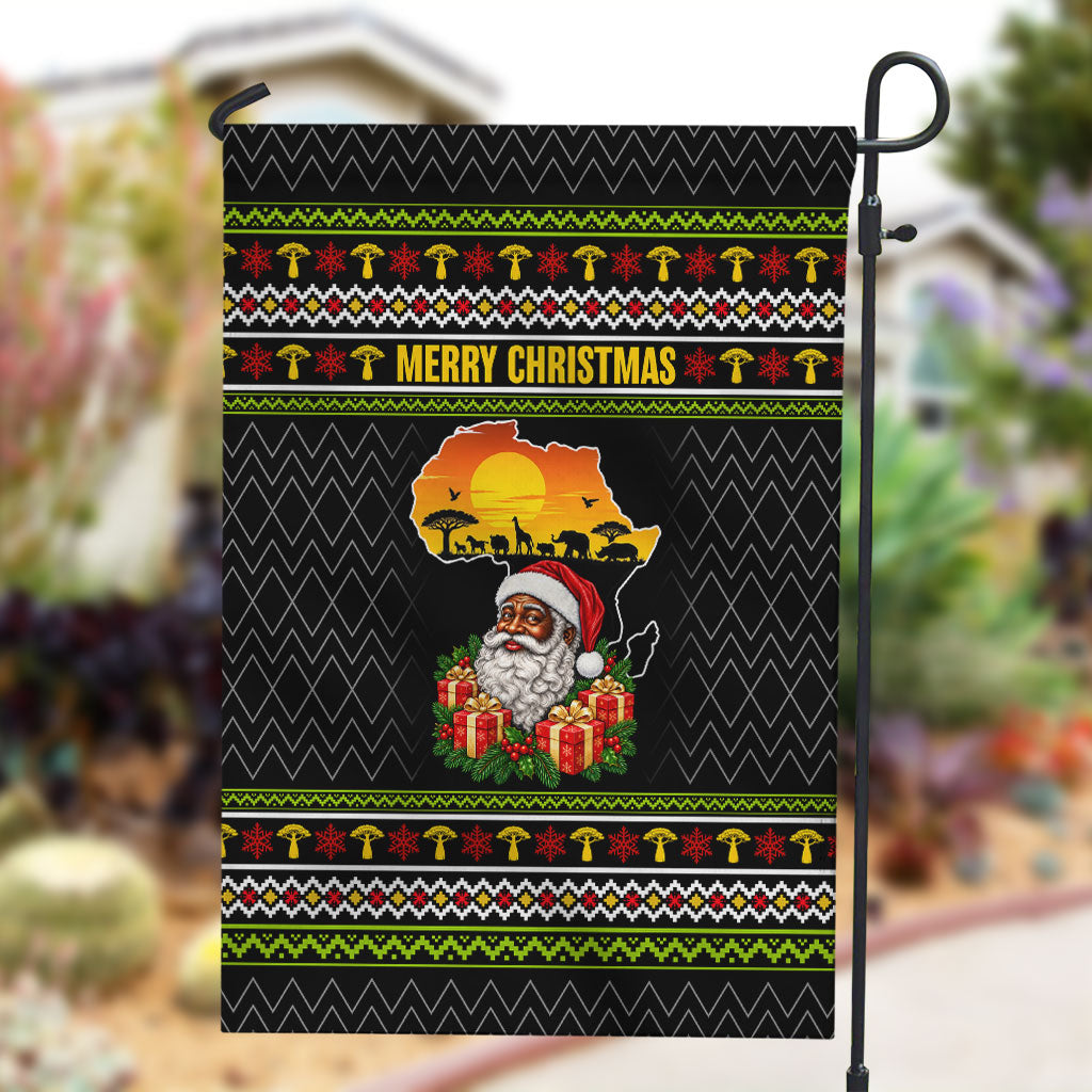 African Safari Black Santa Christmas Garden Flag Ugly Pattern Sunset Baobab Tree Africa Map