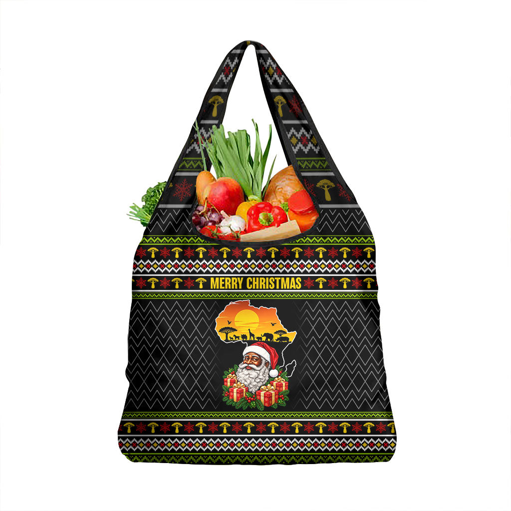 African Safari Black Santa Christmas Grocery Bag Ugly Pattern Sunset Baobab Tree Africa Map