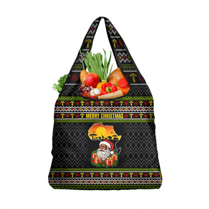 African Safari Black Santa Christmas Grocery Bag Ugly Pattern Sunset Baobab Tree Africa Map