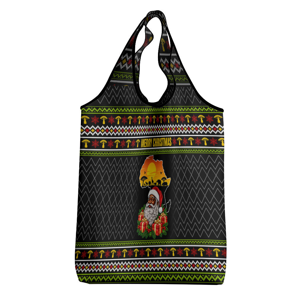 African Safari Black Santa Christmas Grocery Bag Ugly Pattern Sunset Baobab Tree Africa Map