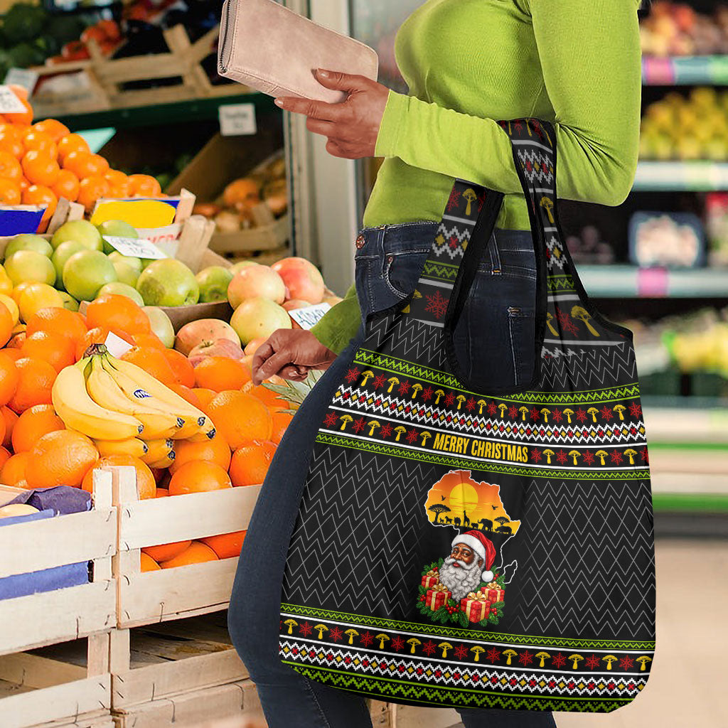 African Safari Black Santa Christmas Grocery Bag Ugly Pattern Sunset Baobab Tree Africa Map