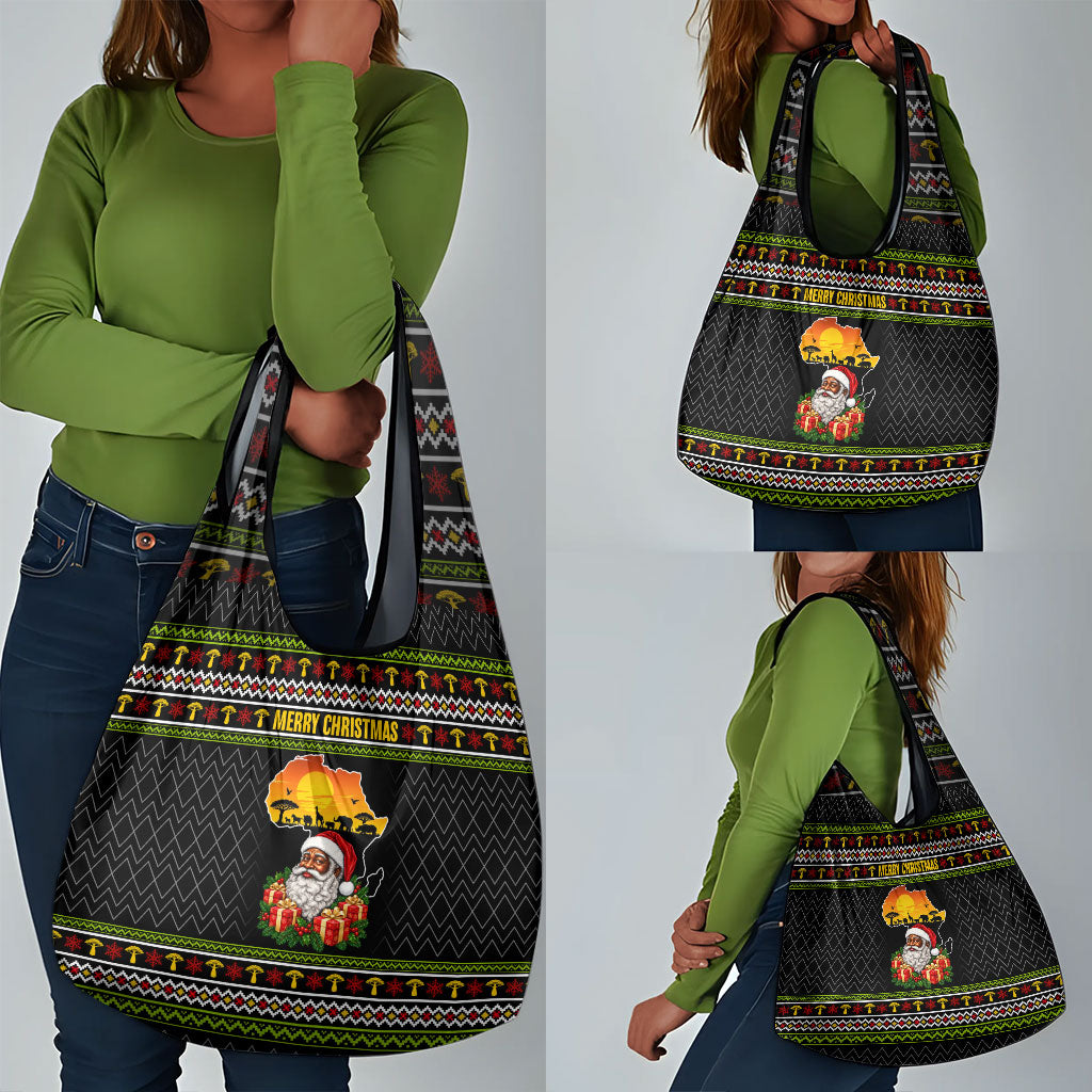 African Safari Black Santa Christmas Grocery Bag Ugly Pattern Sunset Baobab Tree Africa Map