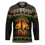 African Safari Black Santa Christmas Hockey Jersey Ugly Pattern Sunset Baobab Tree Africa Map