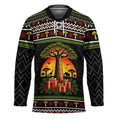 African Safari Black Santa Christmas Hockey Jersey Ugly Pattern Sunset Baobab Tree Africa Map