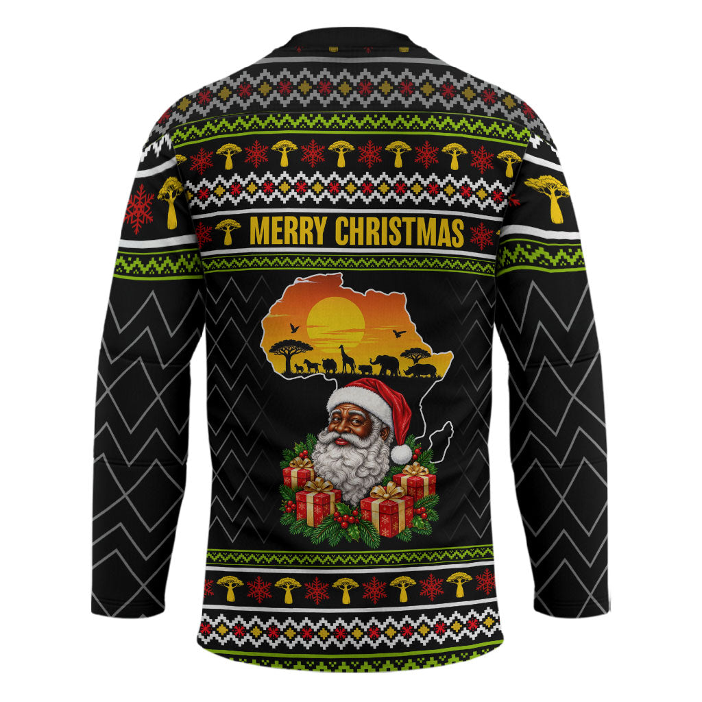 African Safari Black Santa Christmas Hockey Jersey Ugly Pattern Sunset Baobab Tree Africa Map