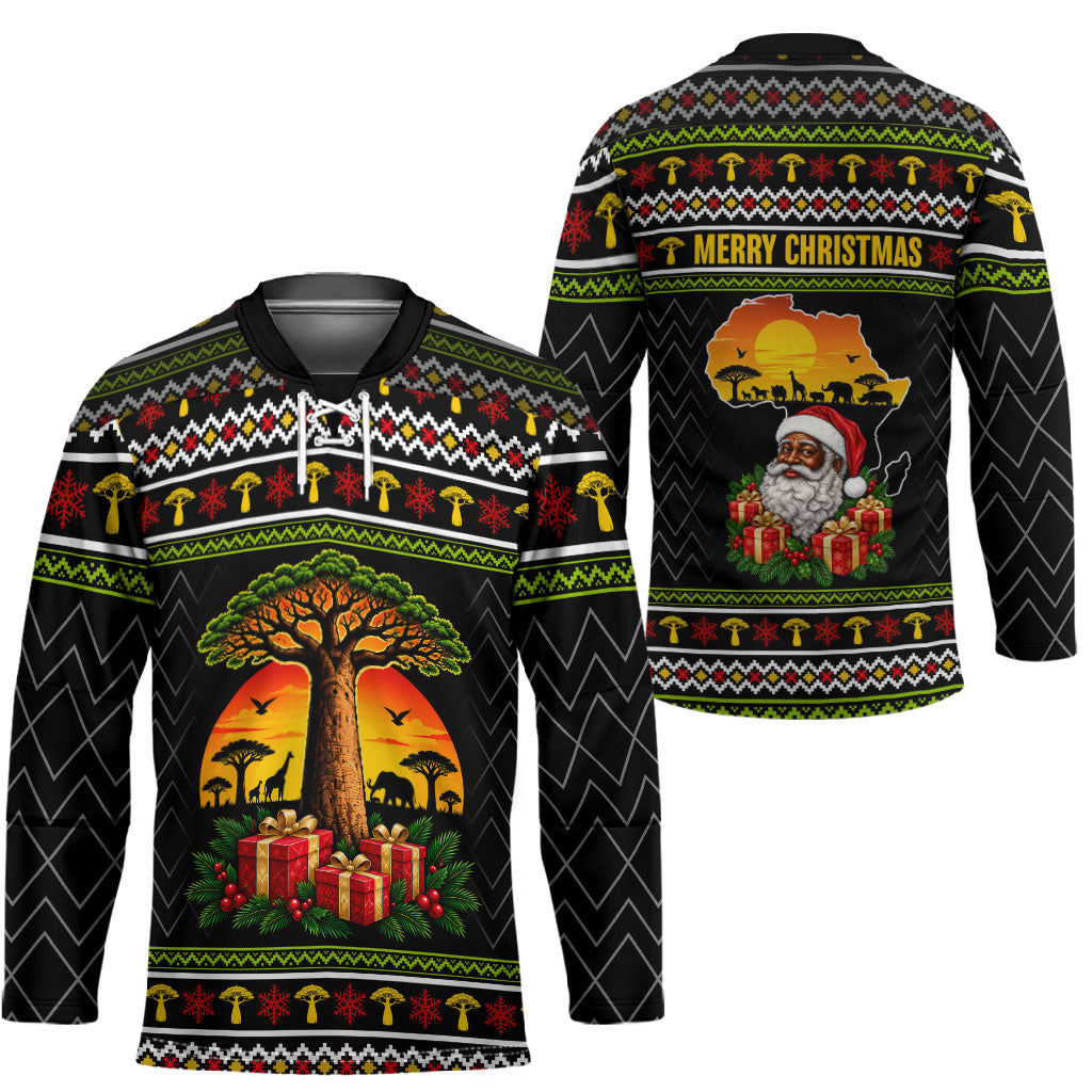 African Safari Black Santa Christmas Hockey Jersey Ugly Pattern Sunset Baobab Tree Africa Map