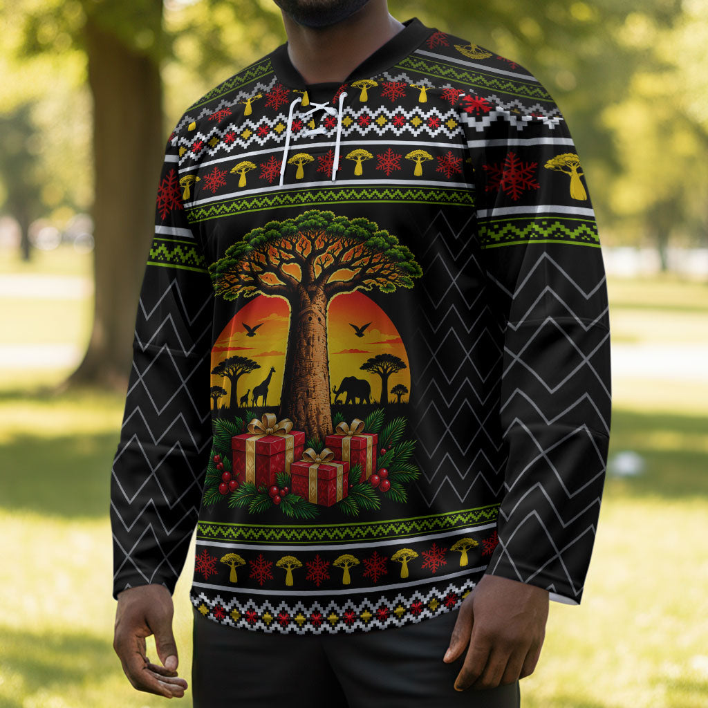 African Safari Black Santa Christmas Hockey Jersey Ugly Pattern Sunset Baobab Tree Africa Map