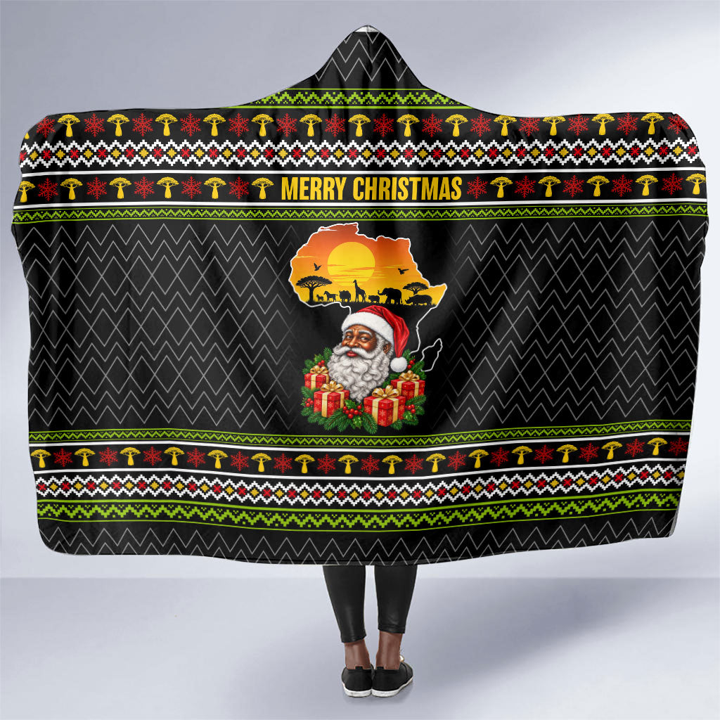 African Safari Black Santa Christmas Hooded Blanket Ugly Pattern Sunset Baobab Tree Africa Map