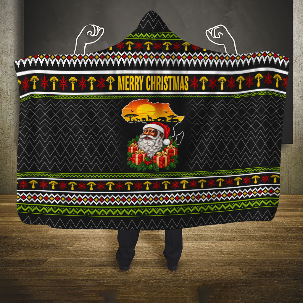African Safari Black Santa Christmas Hooded Blanket Ugly Pattern Sunset Baobab Tree Africa Map