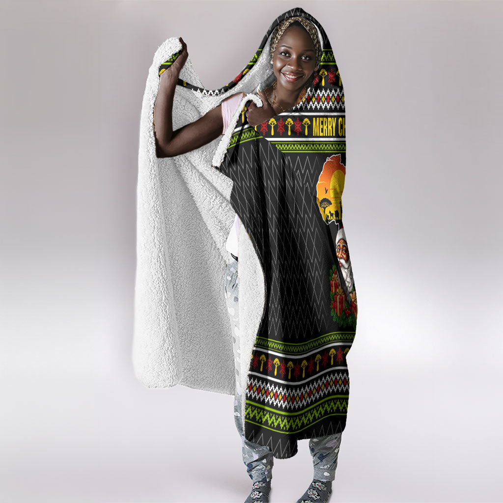 African Safari Black Santa Christmas Hooded Blanket Ugly Pattern Sunset Baobab Tree Africa Map